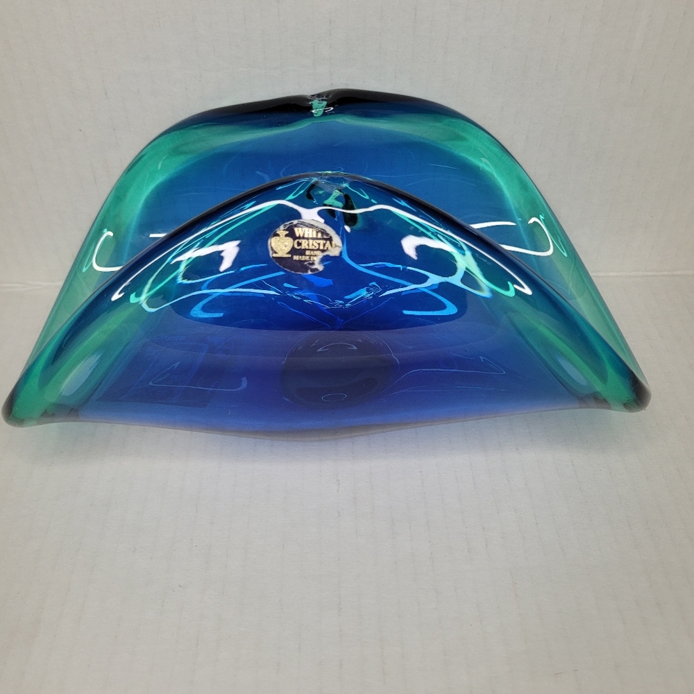 Murano White Cristal Glass 9.5"X 5" Centerpiece Bowl Blue & Teal Folded Italy